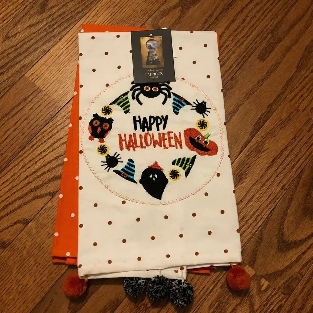 Cynthia Rowley Happy Halloween Printed White Orange Kitchen Towels Set NWT